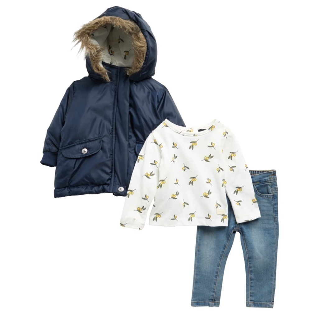 7 For All Mankind Kids' 3-Piece Faux Fur Trimmed Jacket, T-shirt, & Denim Pants